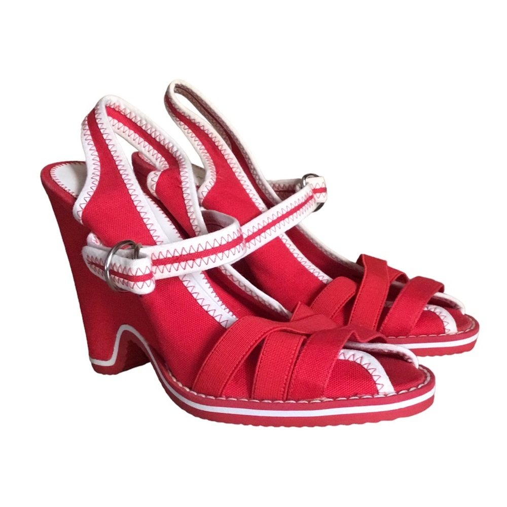 Marc Jacobs Red White Open Toe Canvas Wedge Sandals